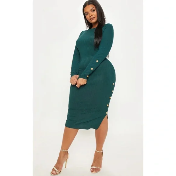 midi dress buttoned fron neck Bebe Womens Button Front V-Neck Sweater Midi Dress